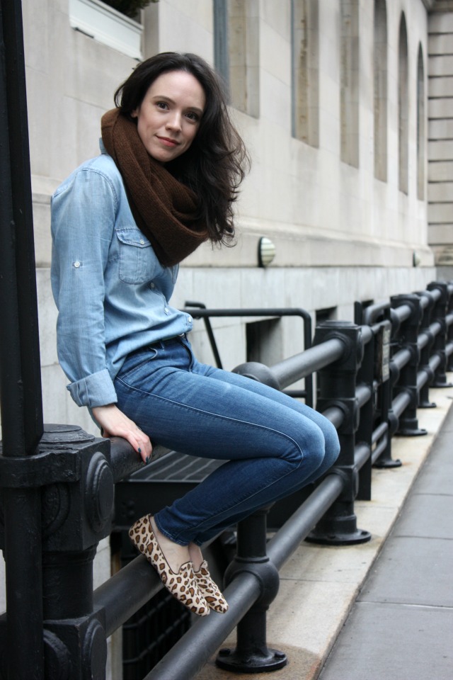 J. Crew Chambray shirt with Madewell jeans.