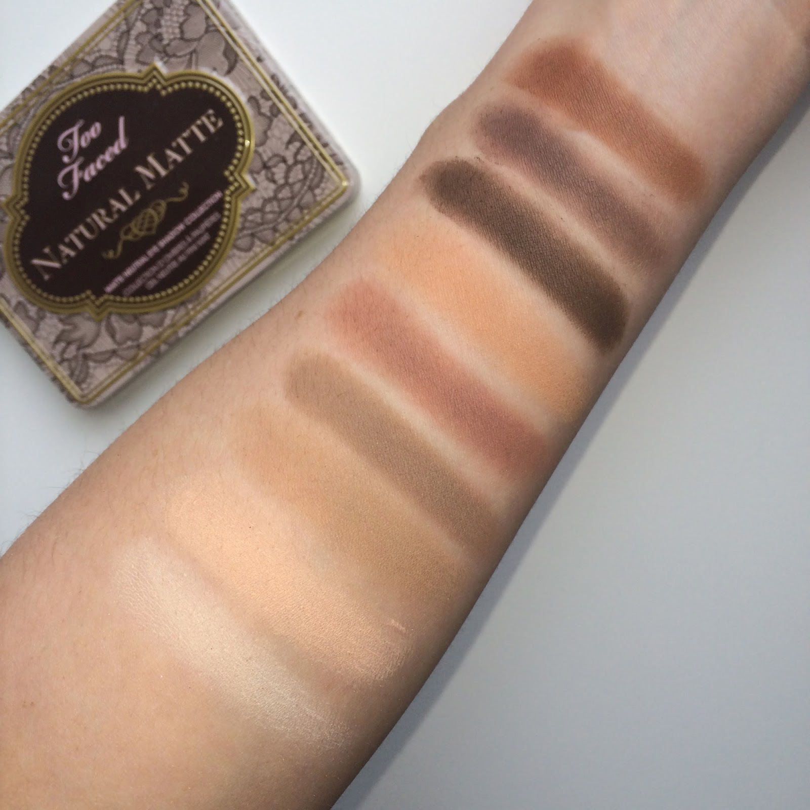 Too Faced Natural Matte Palette review with swatches on fair skin