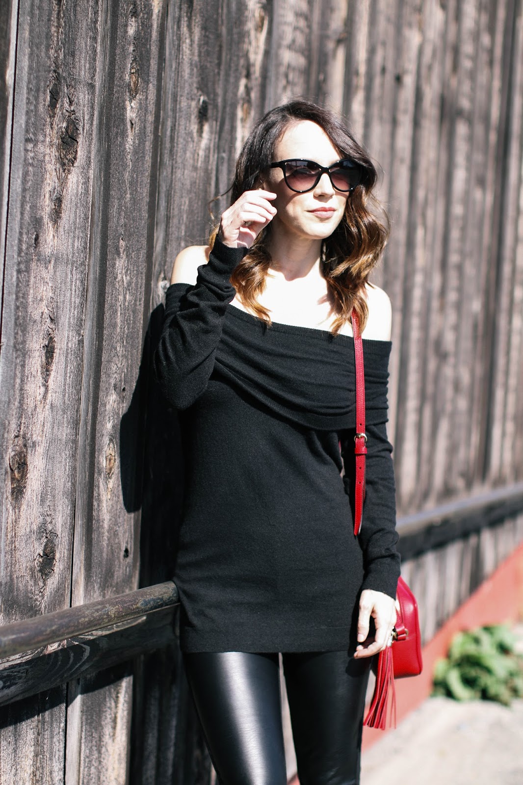 Splendid off shoulder sweater in black How to style leather leggings