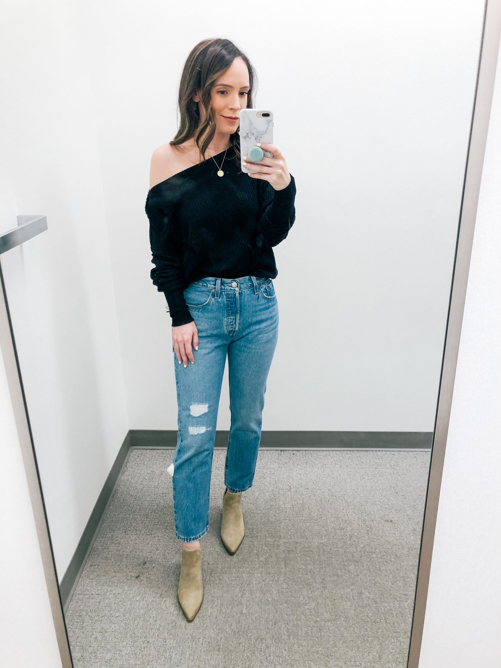 Off the shoulder sweater with jeans