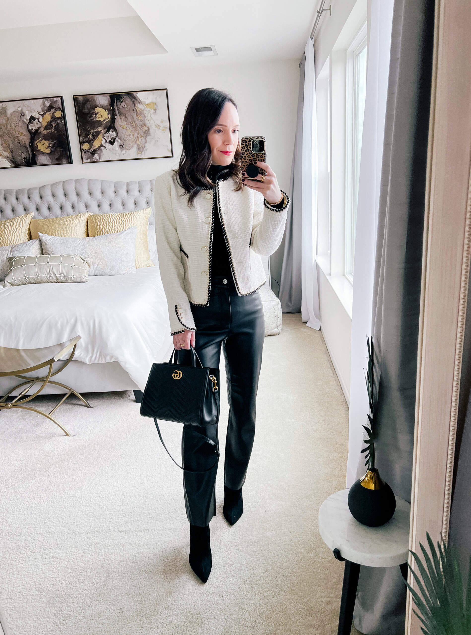 Tweed Jacket + Faux Leather Pants outfit