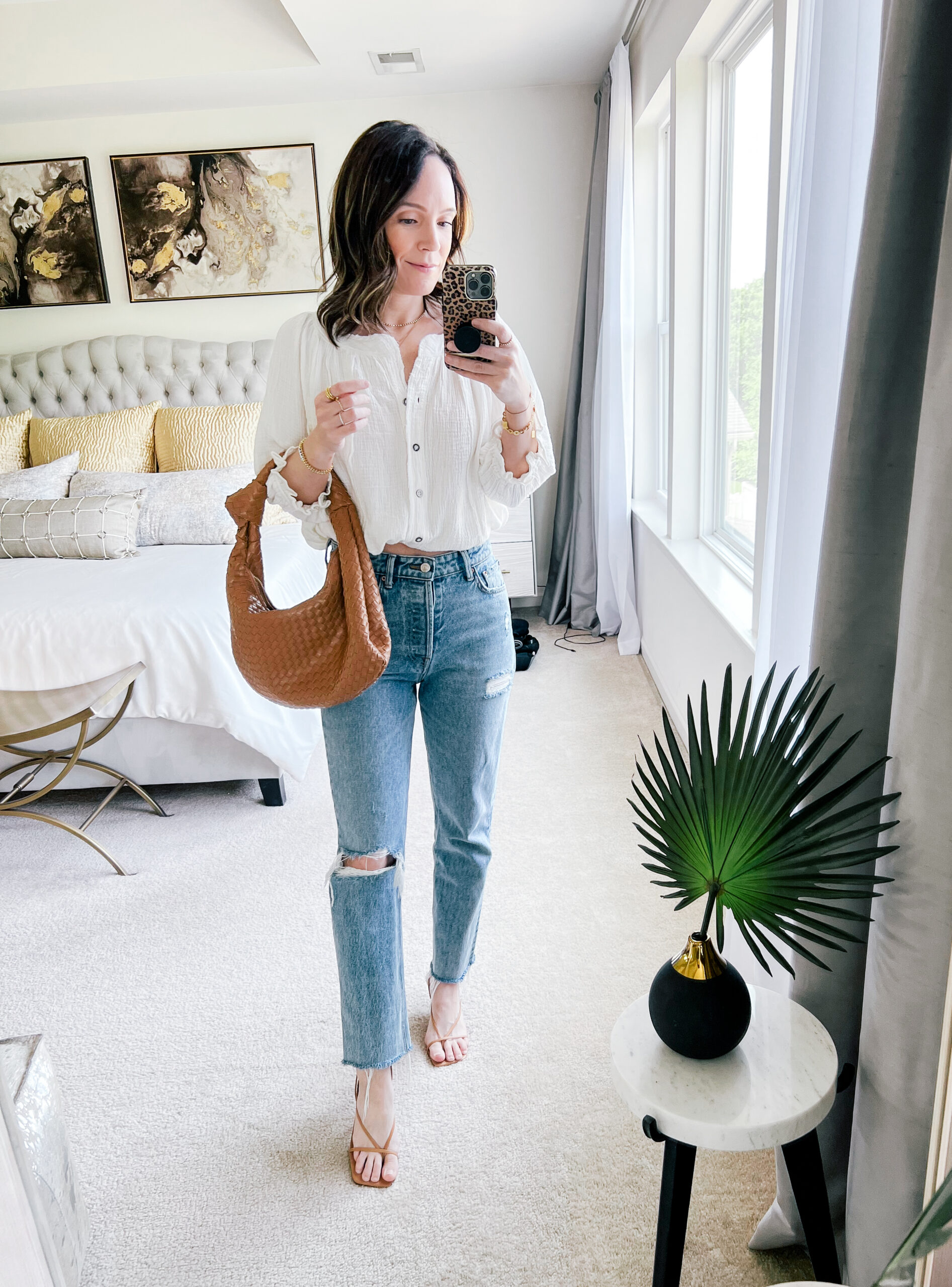 gauzy top and jeans