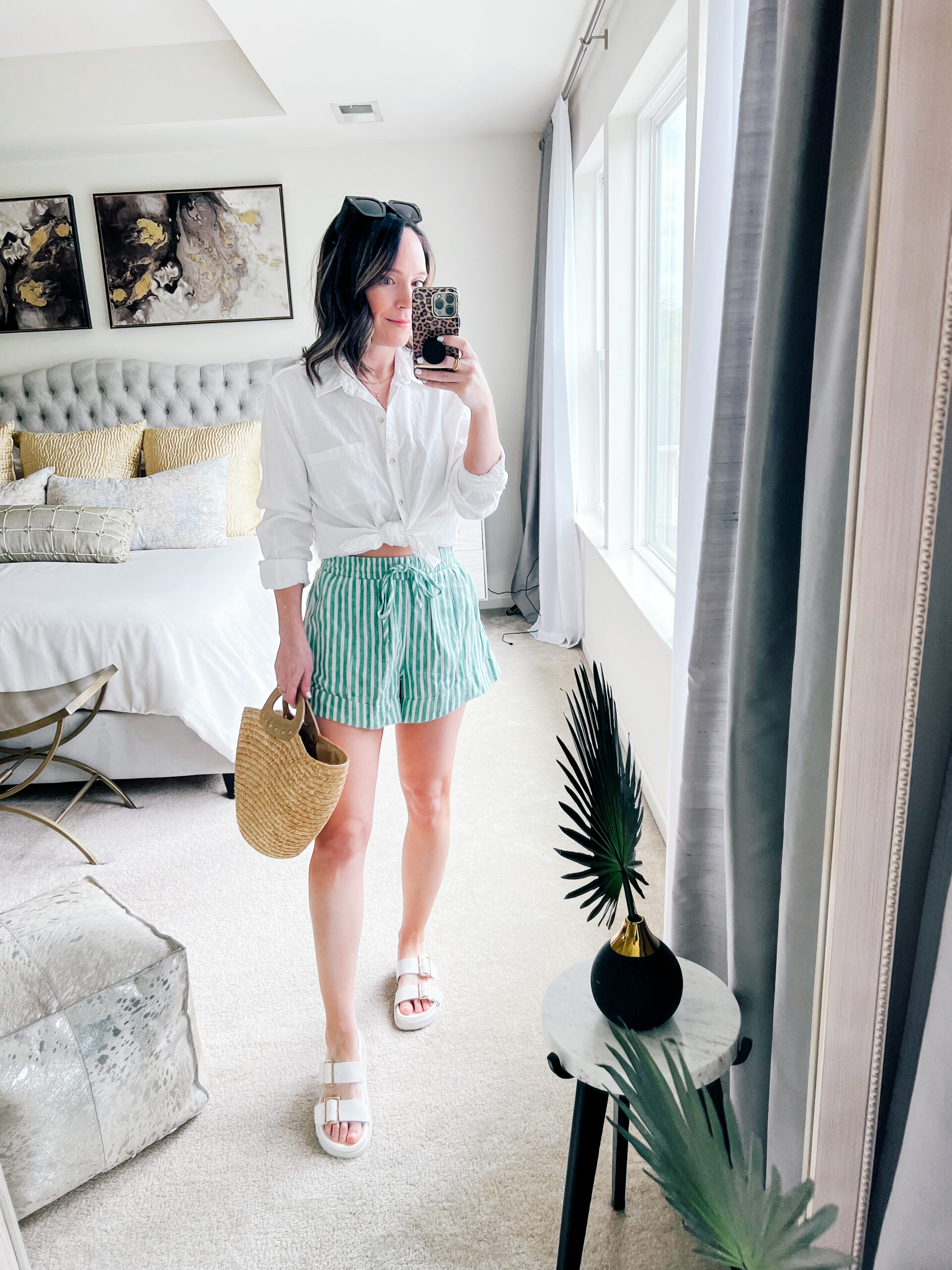 white top and striped shorts summer outfit