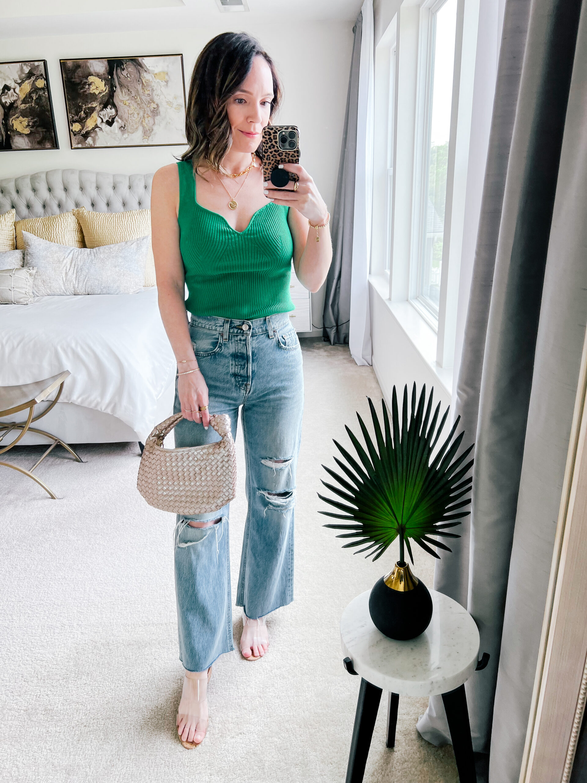 green top and jeans outfit | May Outfit Details