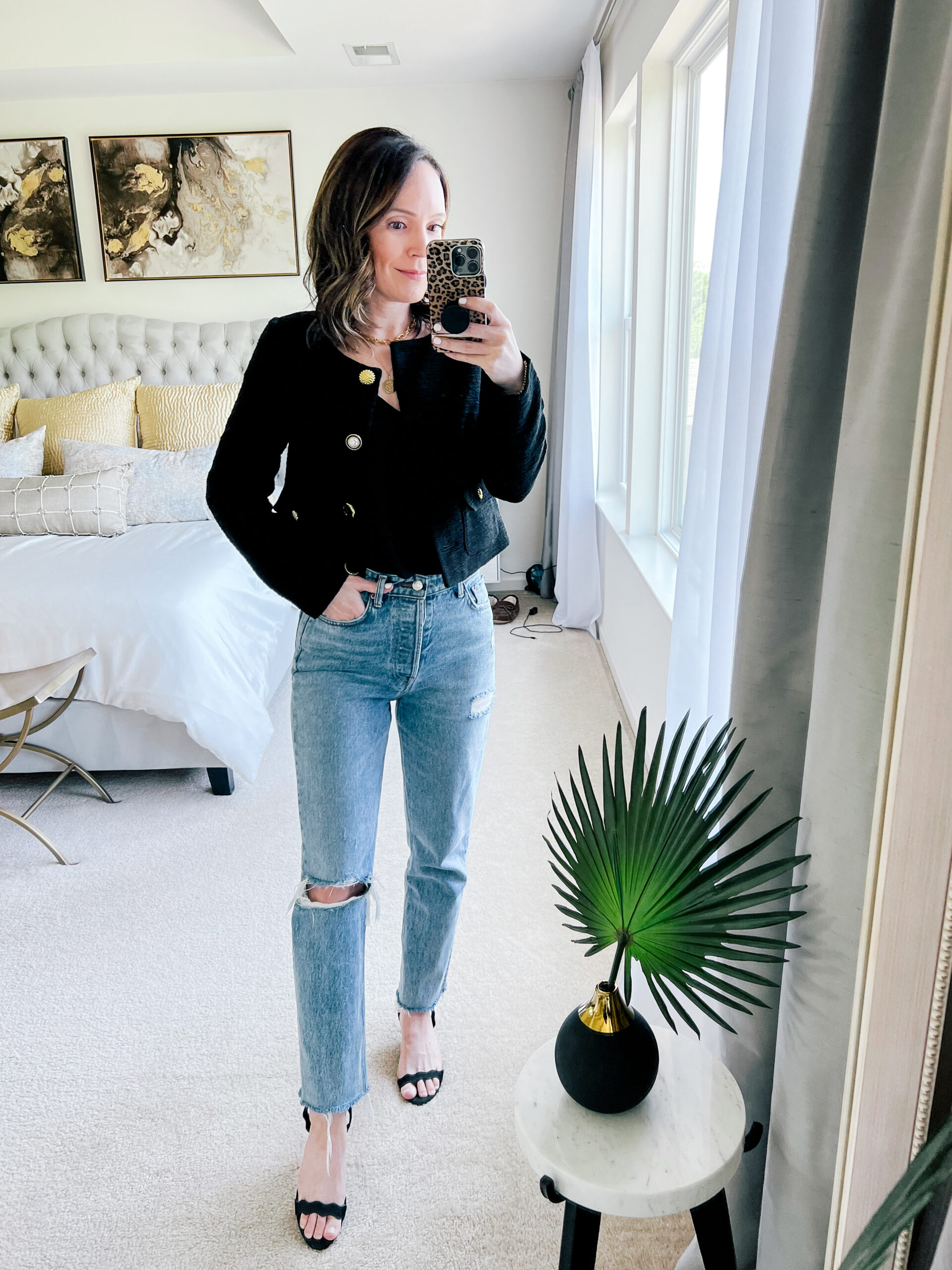 boucle jacket and jeans outfit