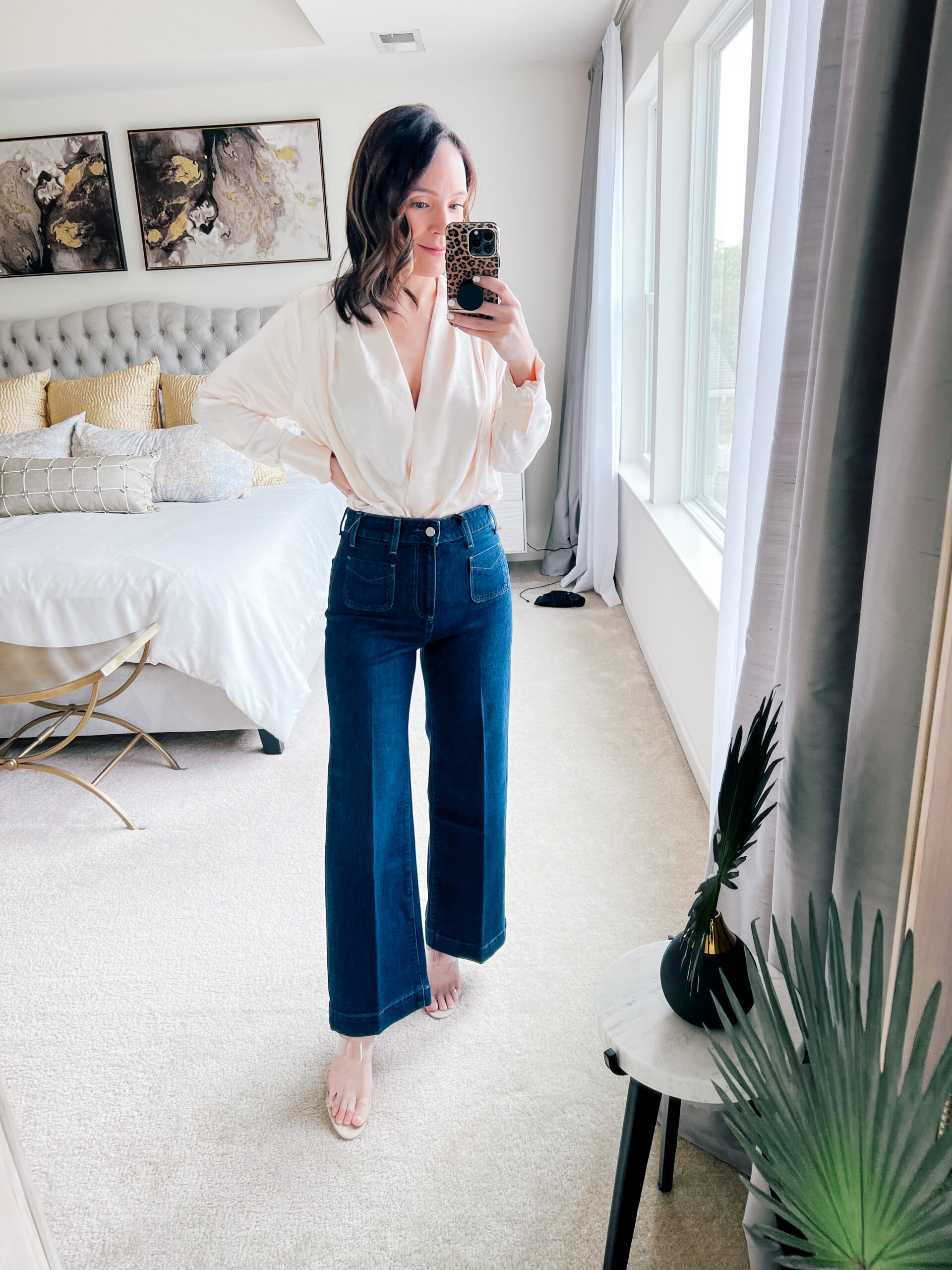 Wrap top and wide leg jeans
