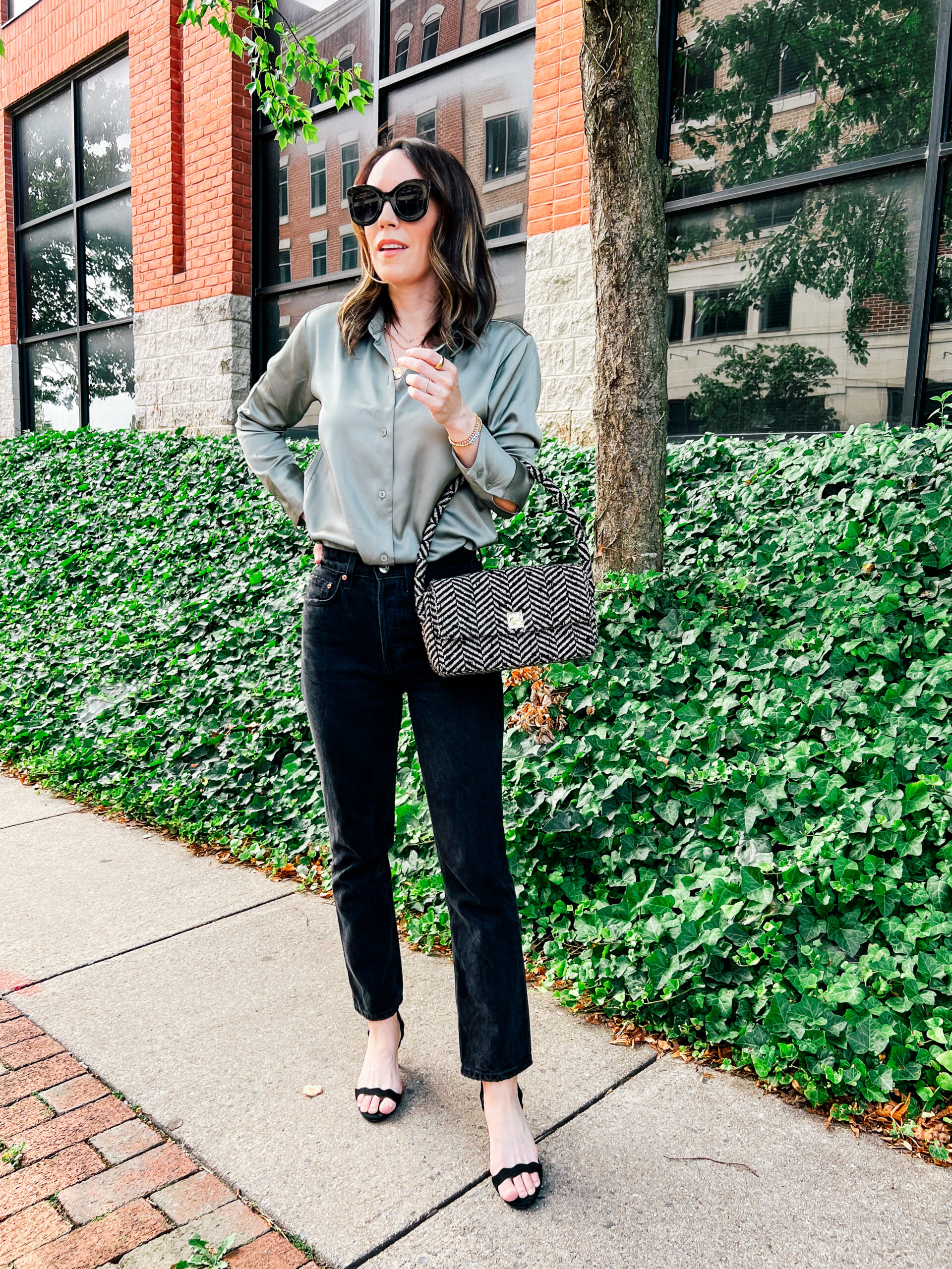 Maree Sye A Little Bit etc blogger wearing button down top and black pants for her Outfits I Wore - August 2023 post