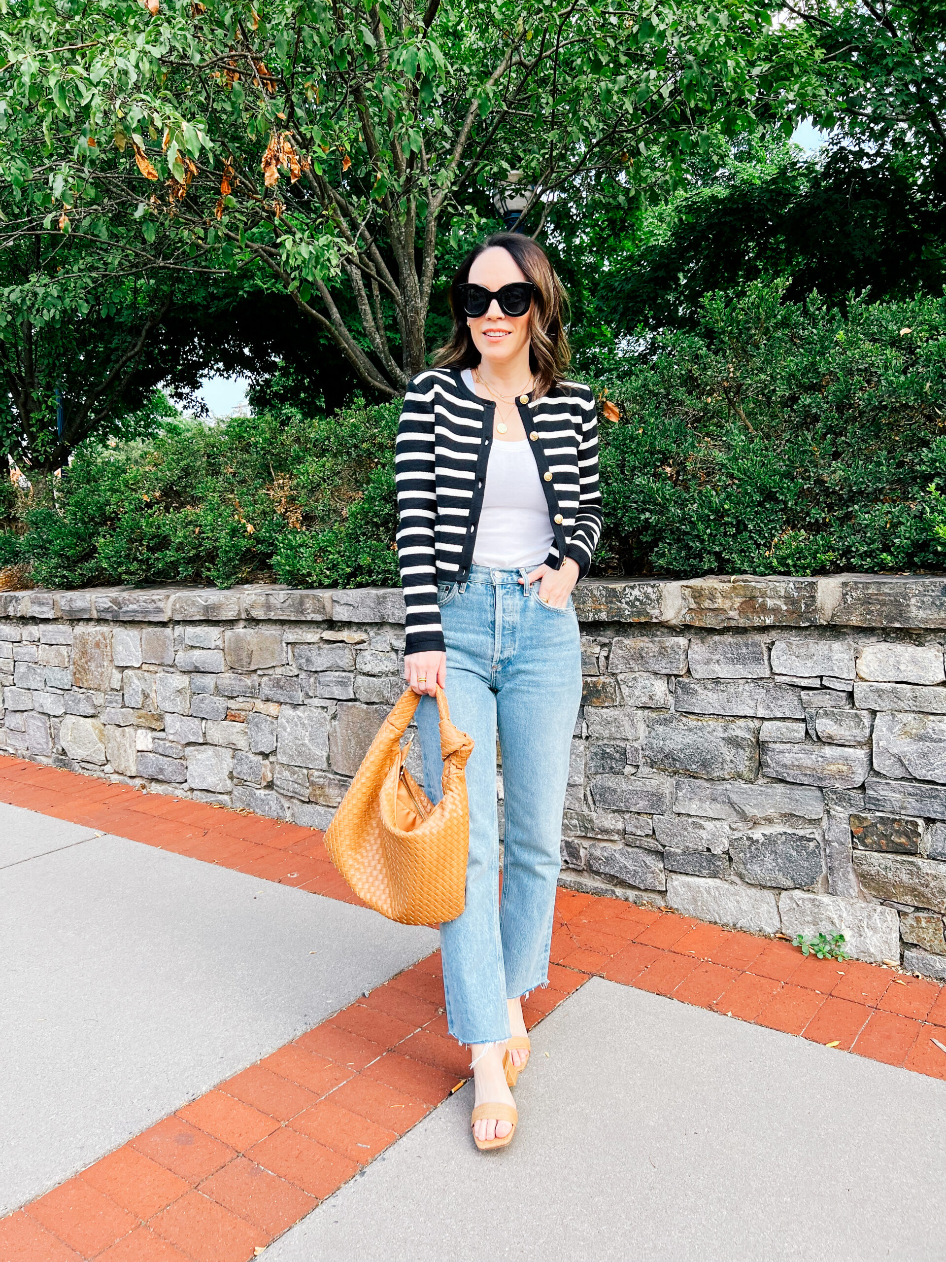Maree Sye sharing her Outfits I Wore - August 2023 in striped sweater, white top, and denim jeans