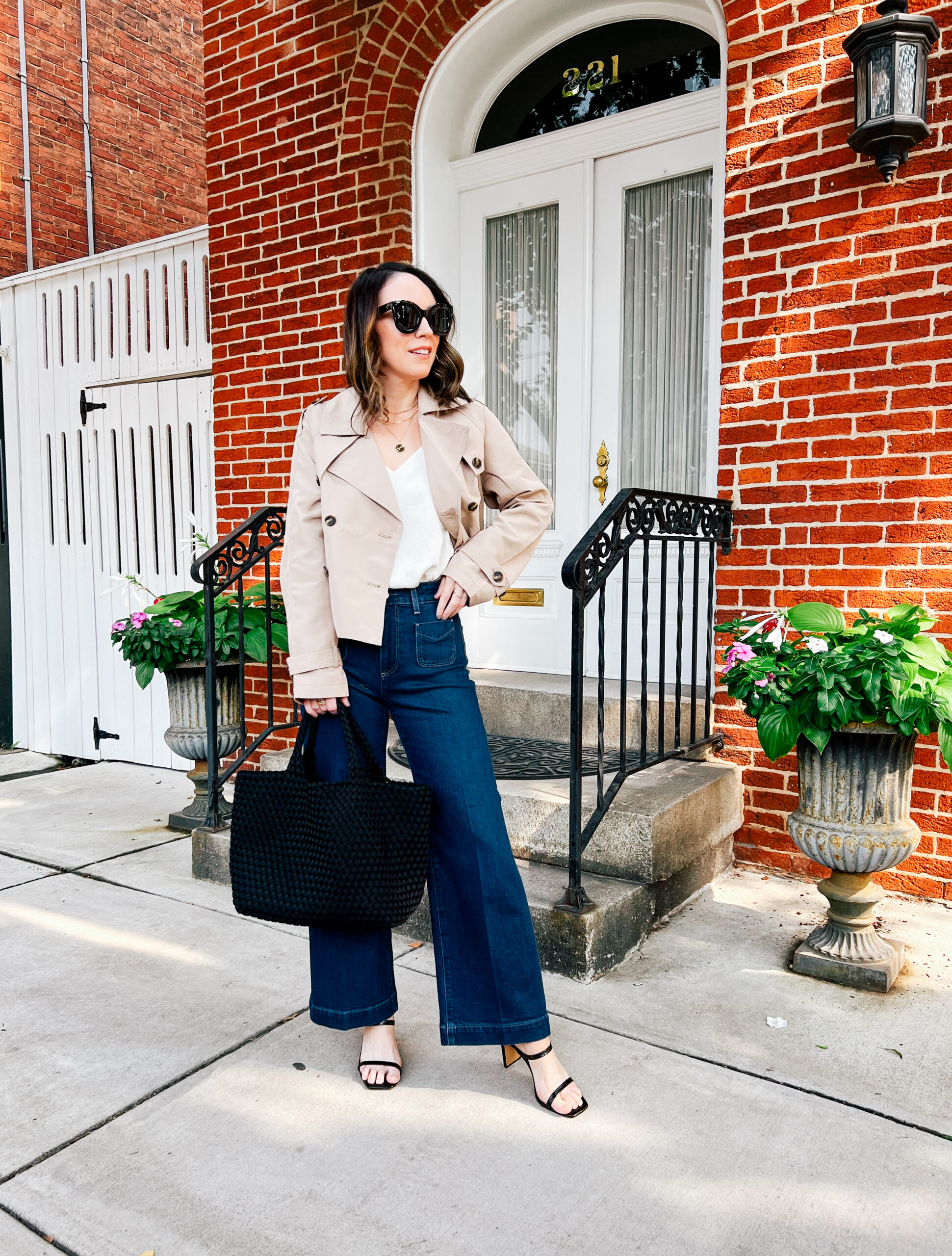 woman in Trench - Steve Madden | Camisole - Express | Jeans - Paige | Sandals - Amazon | Bag - Naghedi | Sunglasses - Amazon
