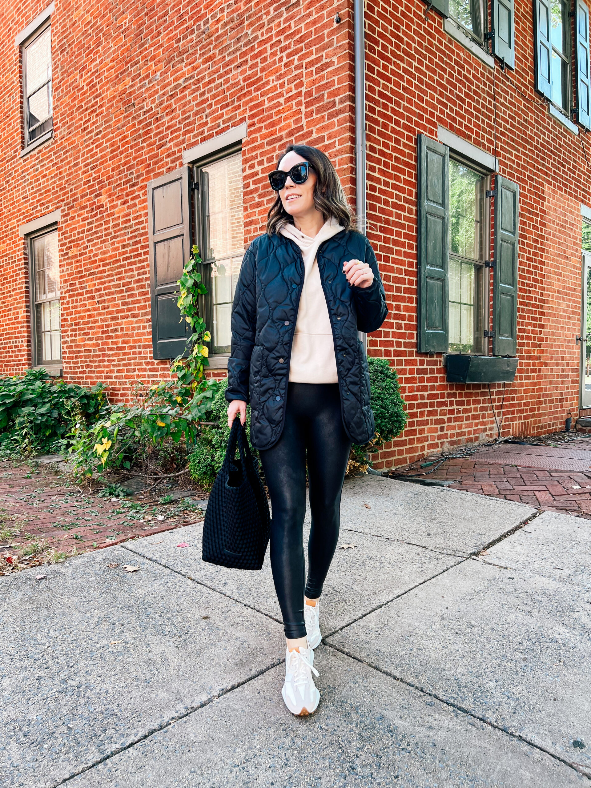 quilted coat with leggings | October 2023 Outfit Details