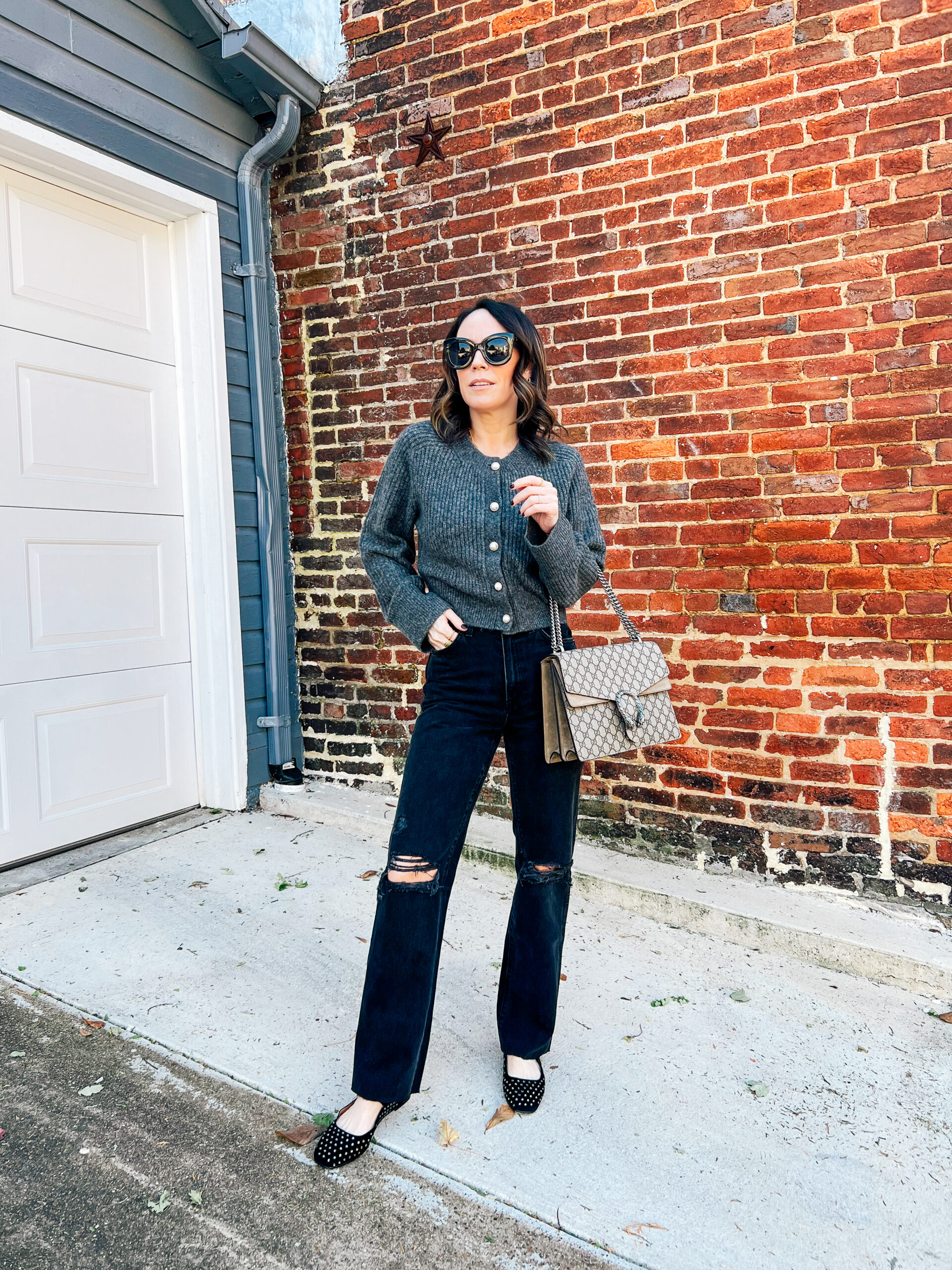 cardigan and bejeweled flats