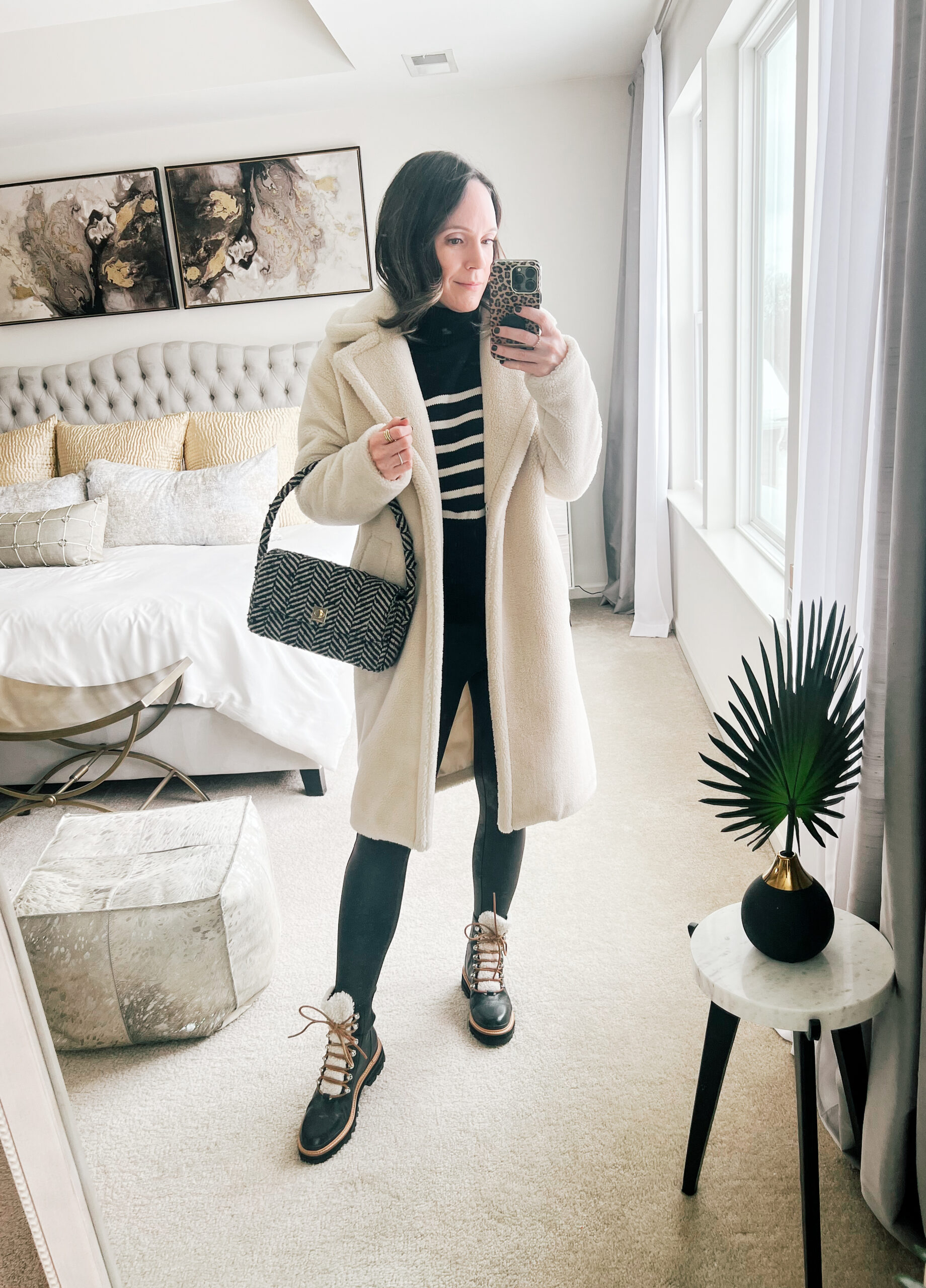 striped sweater and teddy coat outfit