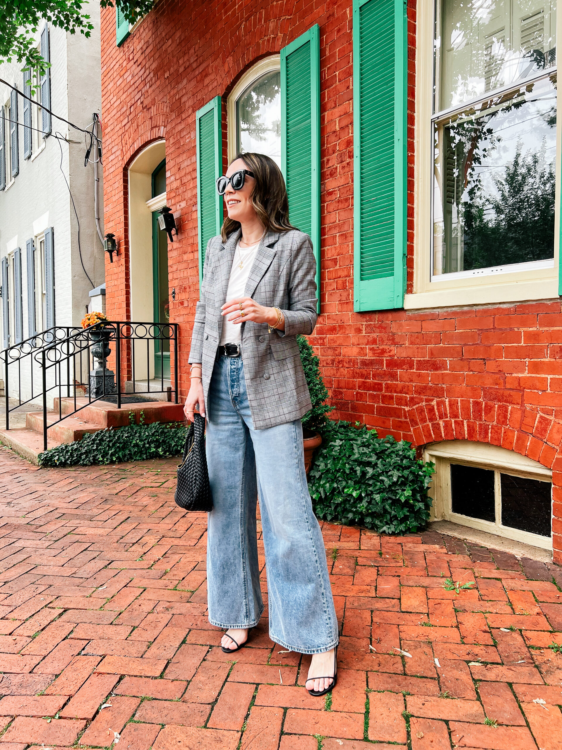 wide leg jeans and plaid blazer