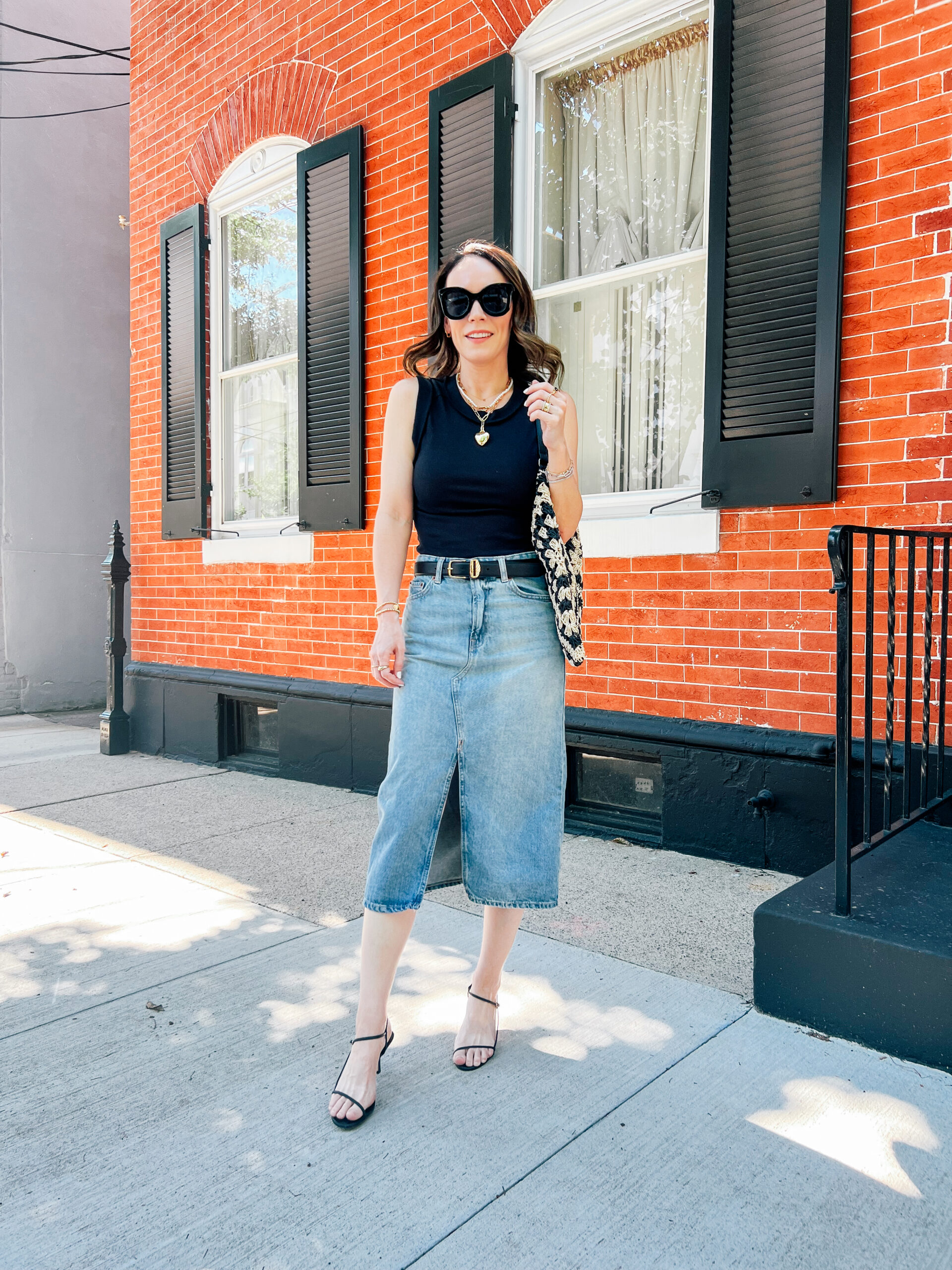 denim midi skirt outfit