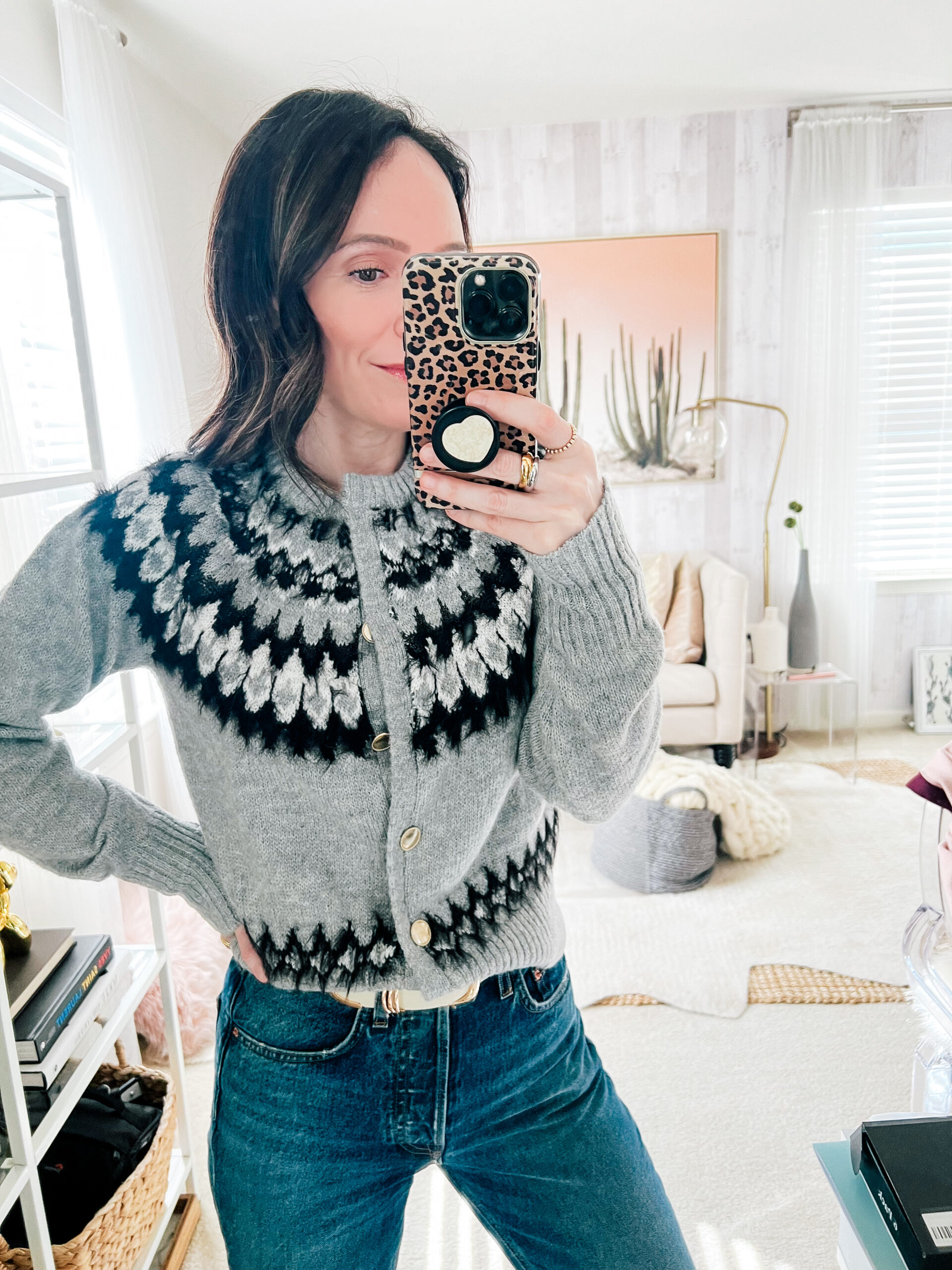 Fair Isle Cardigan and Jeans
