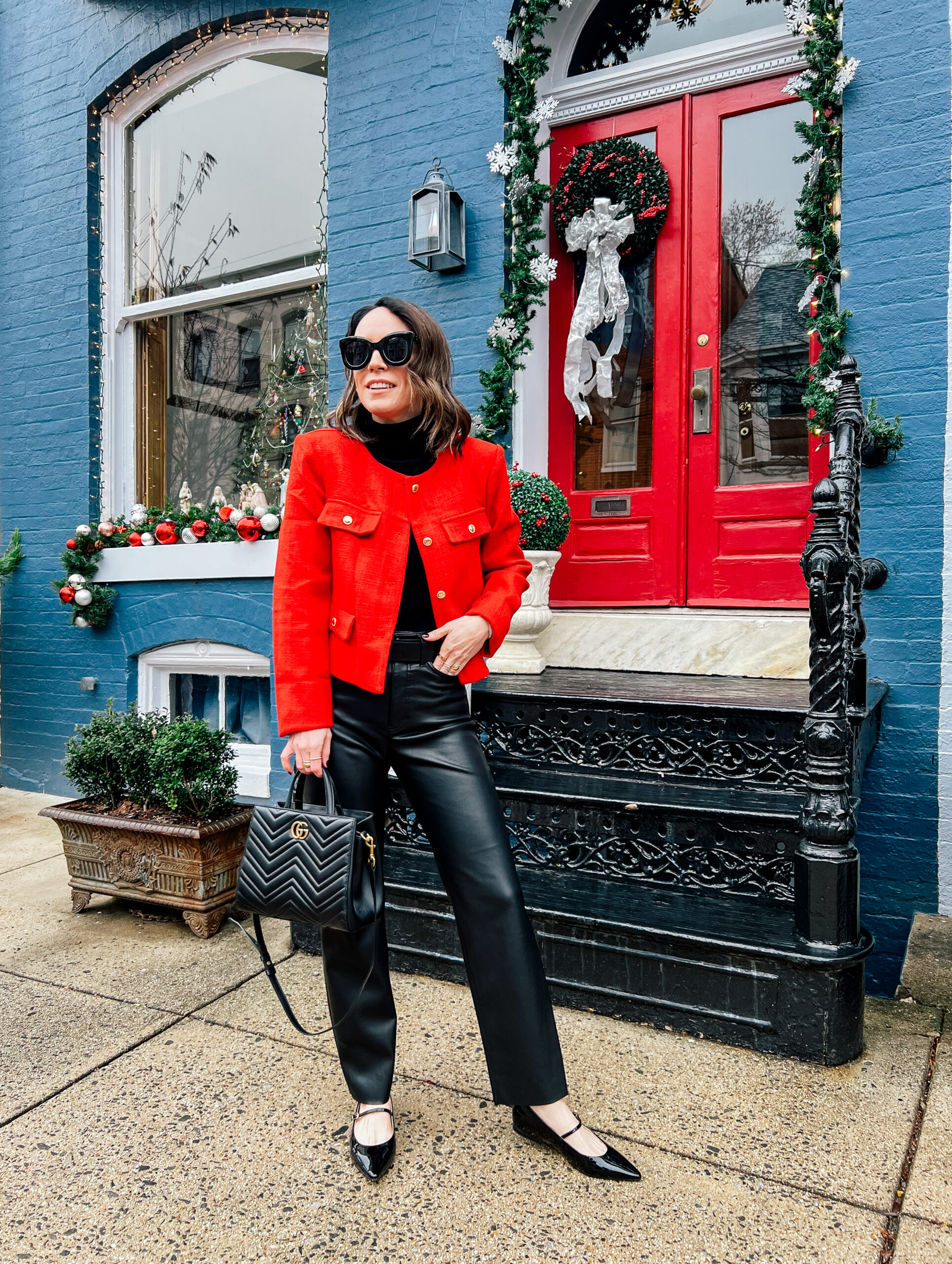 Lady Jacket and Faux Leather Pants | What To Wear To a Casual Christmas Party
