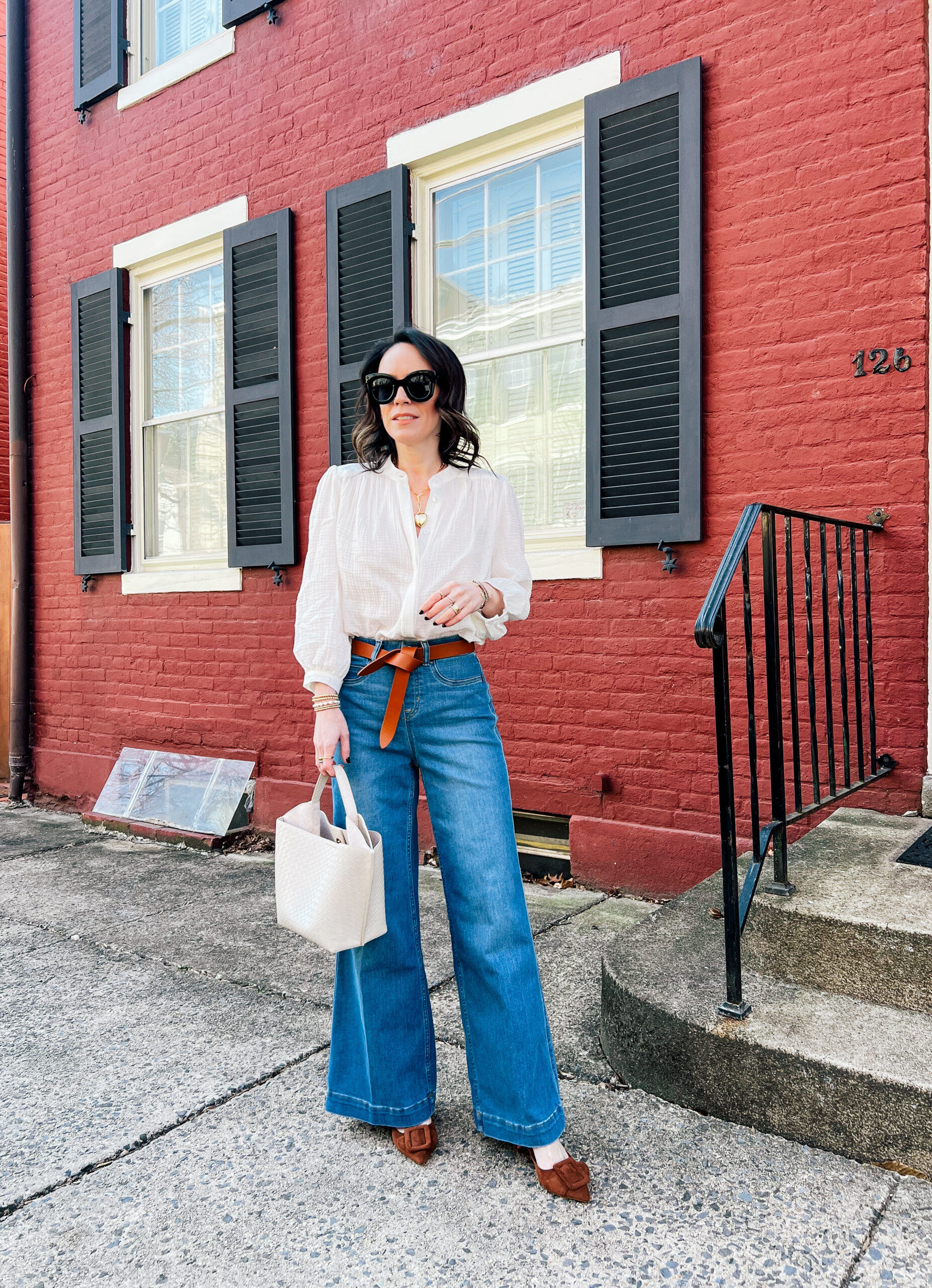 Everything I Wore - March 2025 by A Little Bit etc - Blouse - Heidi Merrick (code: MAREE10) | Jeans - Spanx | Belt - Isabel Marant | Bag - Melie Bianco (similar) | Shoes - Amazon | Sunglasses - Amazon | Necklace - Thatch Jewelry
